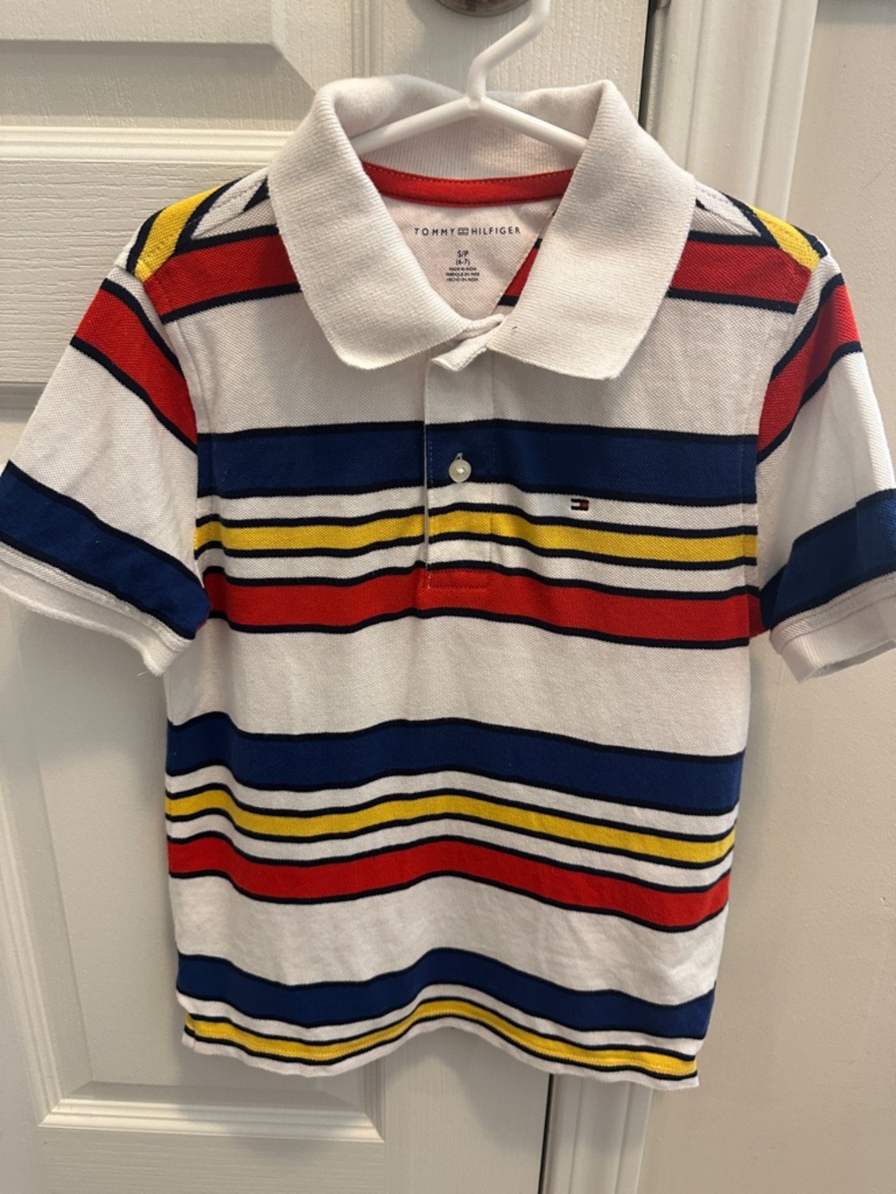 🎉BUNDLE 10 for $50🎉 Tommy Hilfiger White Polo with Red, Blue & Yellow Stripes